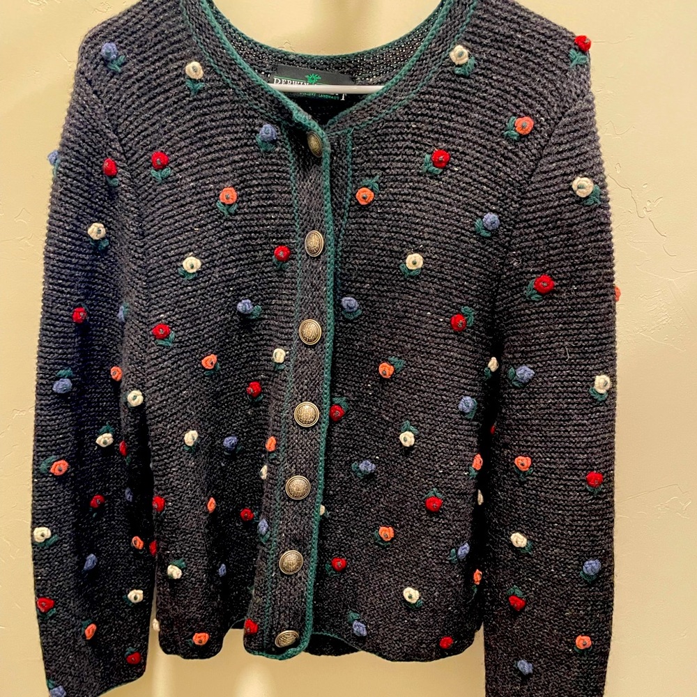 Berwin & Wolff Wool Cardigan Sweater w/ Pewter “Story” Buttons and Pleated Back.